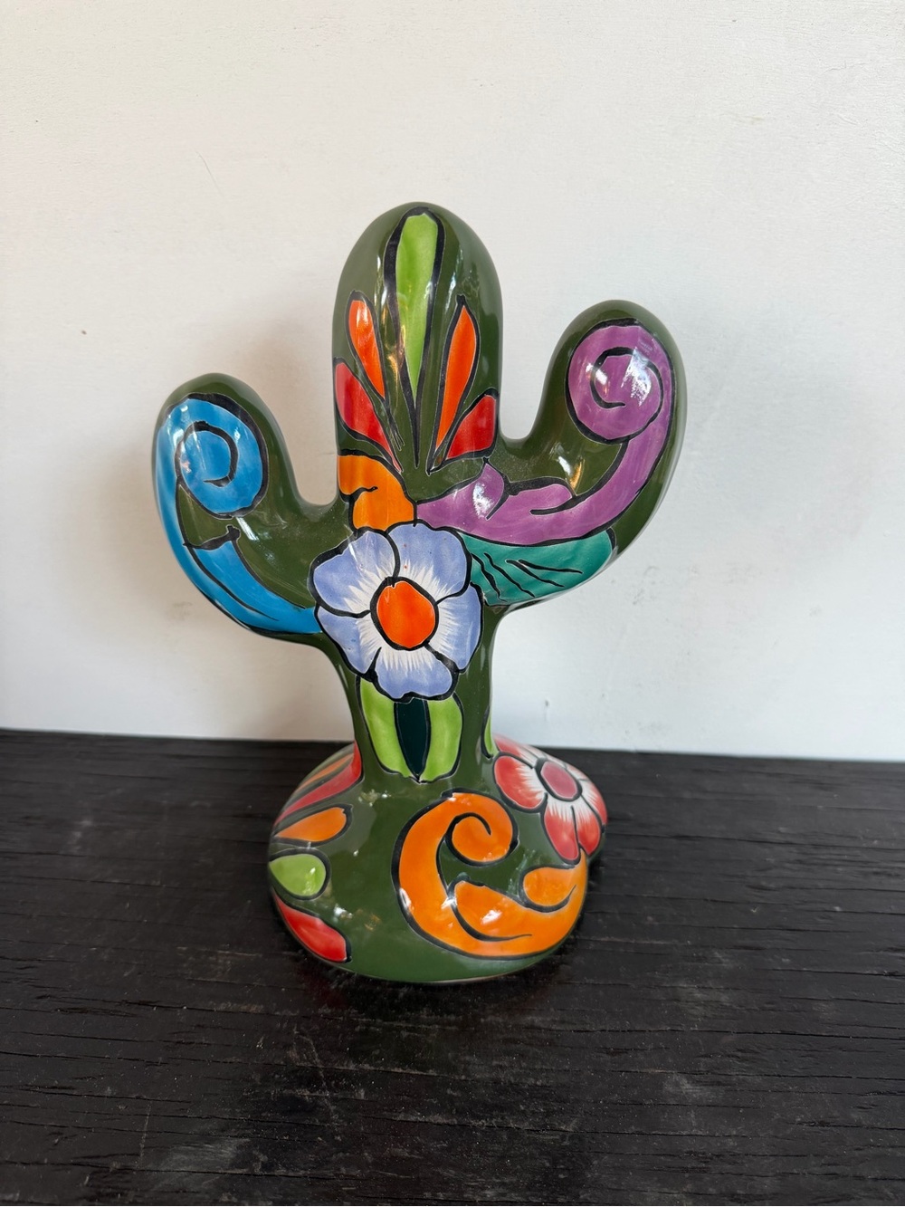 Hand-Painted Green Floral Cactus Figurine - Colorful Talavera Home Art